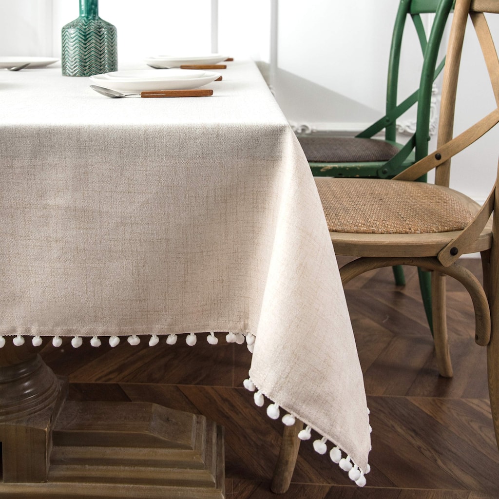 DriftAway Pom Pom Tassel Rectangle Linen Textured Decorative Table Cloth
