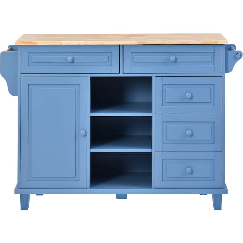 Kitchen Island with on Locking Wheels, Rolling Cart with Rubber Wood Desktop, Mobile Island with 3 Open Shelves & 5 Drawers