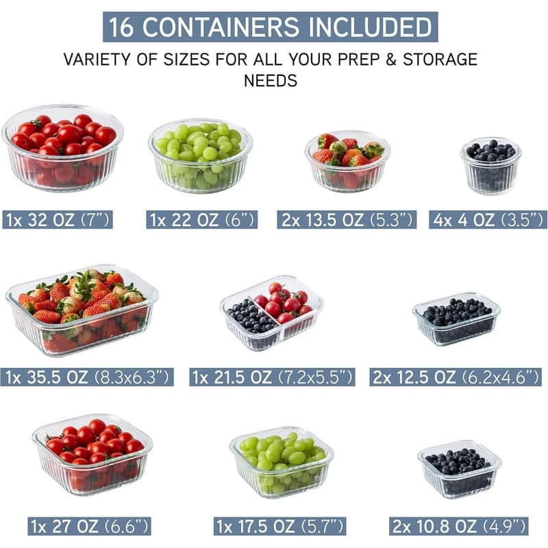 COOK WITH COLOR Premium 32-Pc. Borosilicate Glass Food Container Set with Dividers Leakproof Lids - Meal Prep, Storage