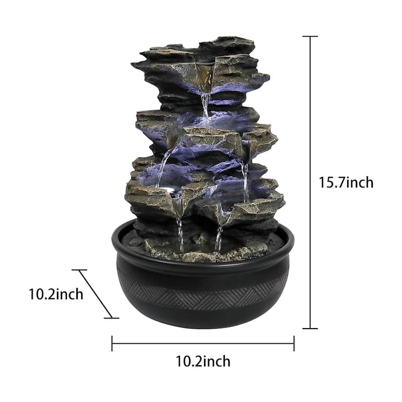 15.7in 4-Tier Cascading Rock Falls Tabletop Water Fountain w/LED Light
