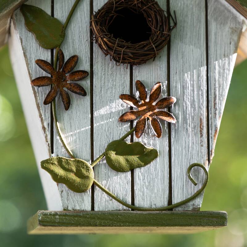 Glitzhome 8.75"H Distressed Solid Wood Decorative Outdoor Garden Birdhouse with 3D Flower