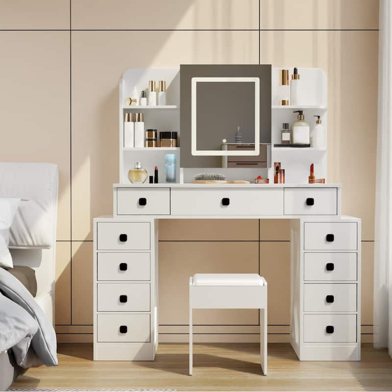 White Makeup Vanity Desk with Stool and Charging Station, 11 Drawers Dressing Table with Sliding LED Mirror - White