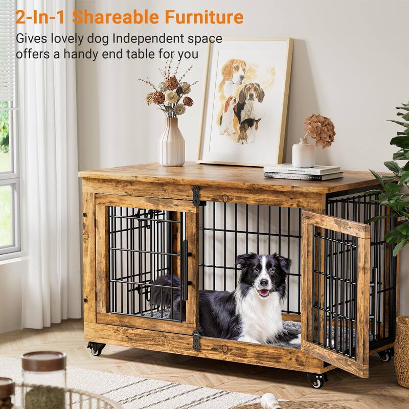 Dog Crate Indoor Heavy Duty Double Doors Wooden Dog Cage with Cushion