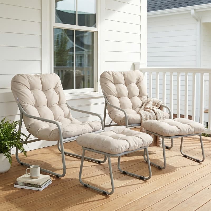 Outdoor Papasan Lounge Chair with Ottoman and Cushion for Patio Balcony Porch Deck - 2 Chair + 2 Ottoman