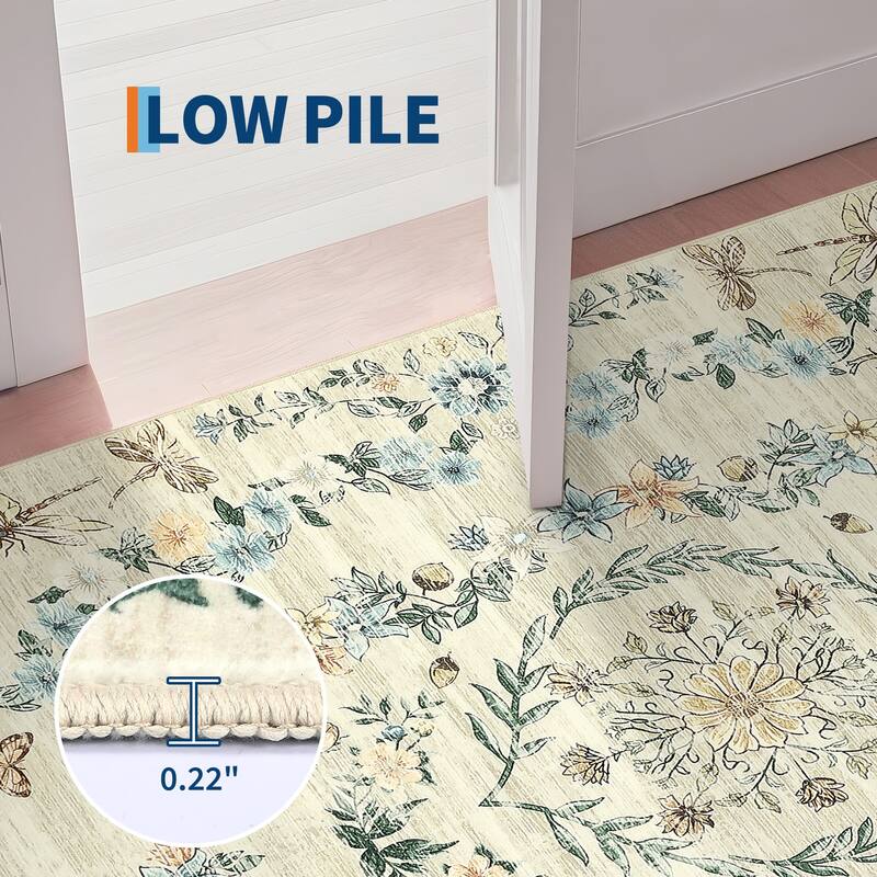 Modern Insect Botanical Pattern Area Rug Floral Print Rug Non-Slip Low Pile Soft Accent Carpet for Living Room Bedroom