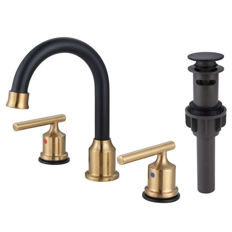 WOWOW 8 in. Widespread Double-Handle Bathroom Faucet with Drain Kit - Gold and Black