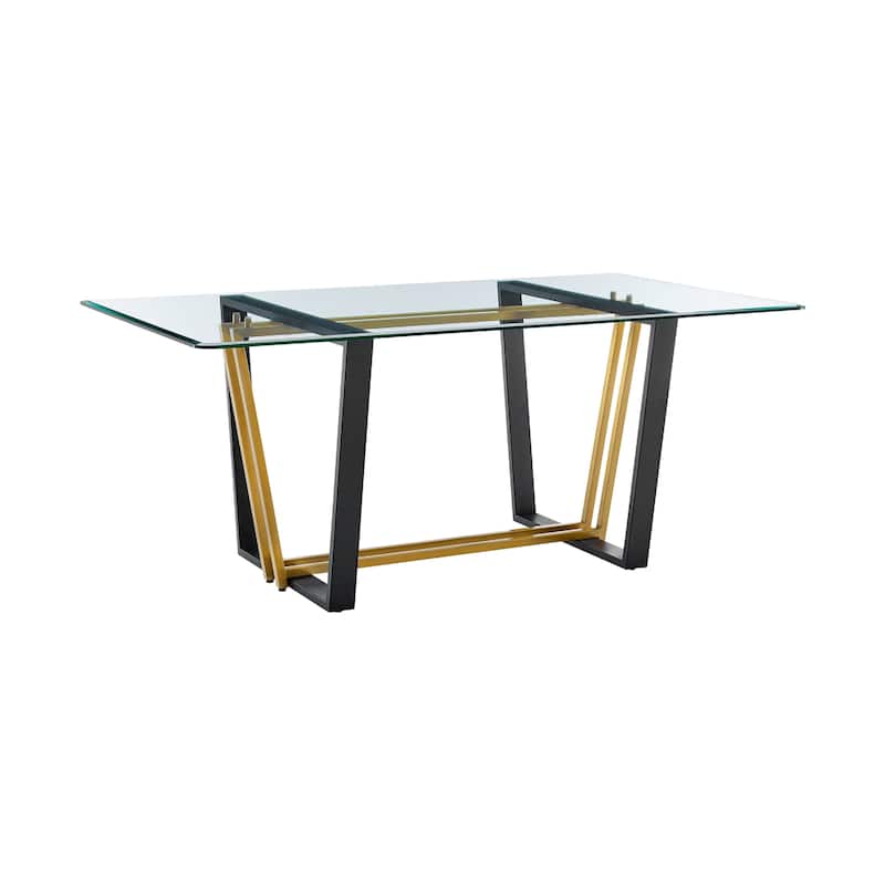 Danie Dining Table, 72 Inch Glass Top, Angular Base, Gold, Black Iron - Gold, Black, Clear