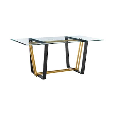 Danie Dining Table, 72 Inch Glass Top, Angular Base, Gold, Black Iron - Gold, Black, Clear