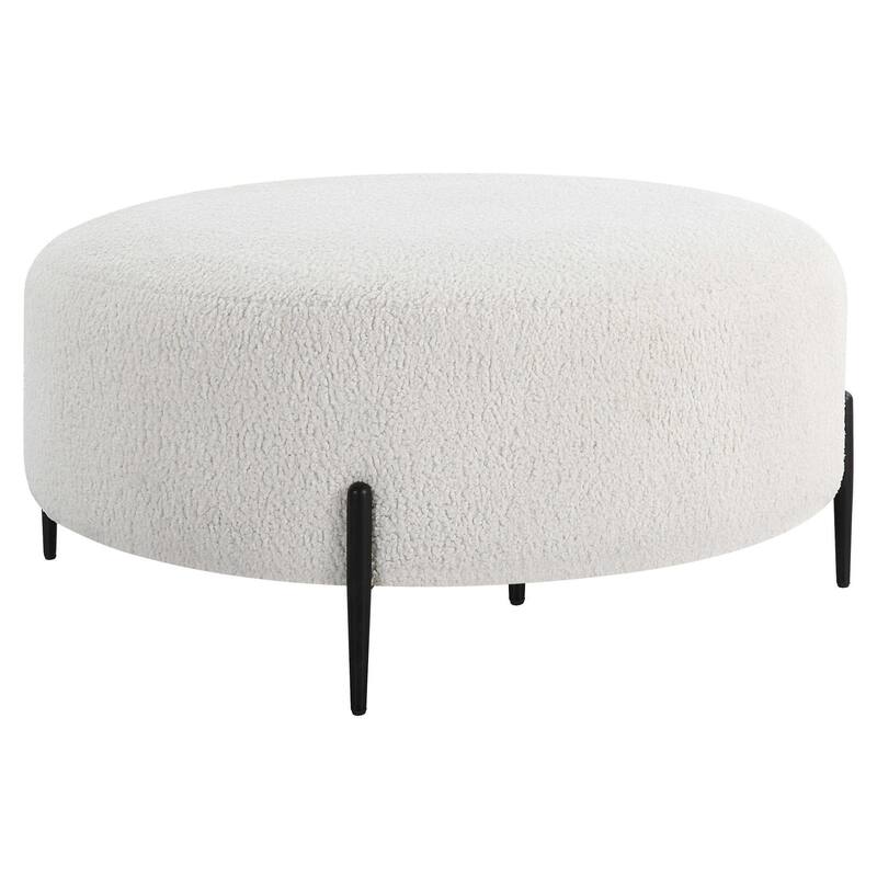 Round Faux Shearling Plush Ottoman - 40" - White and Black - Large