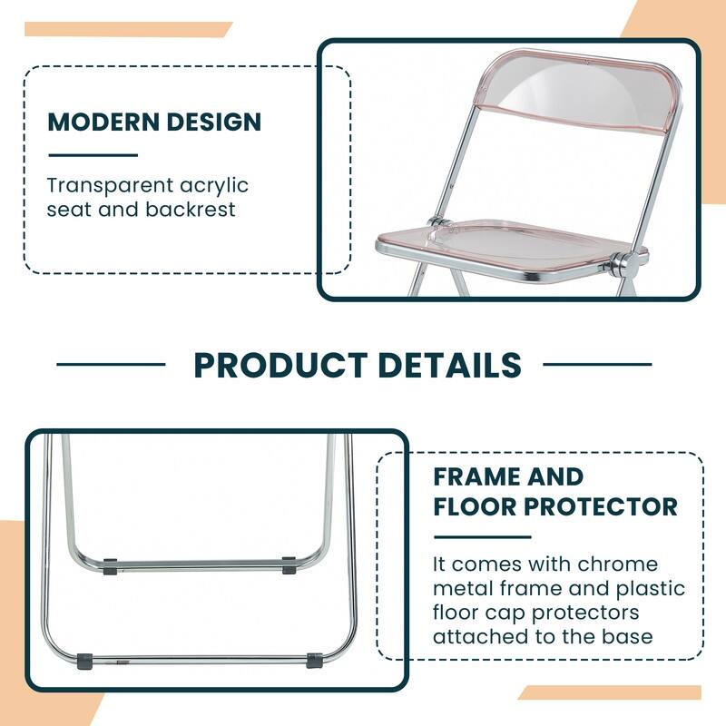 Lawrence Modern Acrylic Folding Chair with Chrome Steel Frame and Accent Transparent Design for Dining or Living Room (Set of 2)