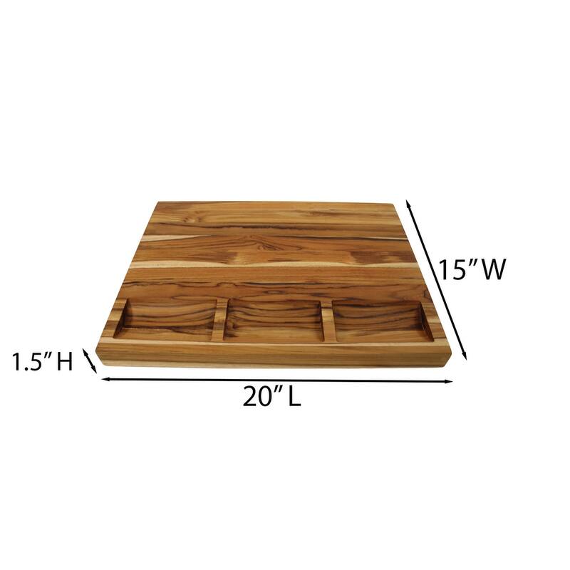 EcoDecors, Teak 20" x 15" Edge Grain, XL Solid Teak Wood Carving Board with Juice Groove, Side Handles, 3 Charcuterie Trays