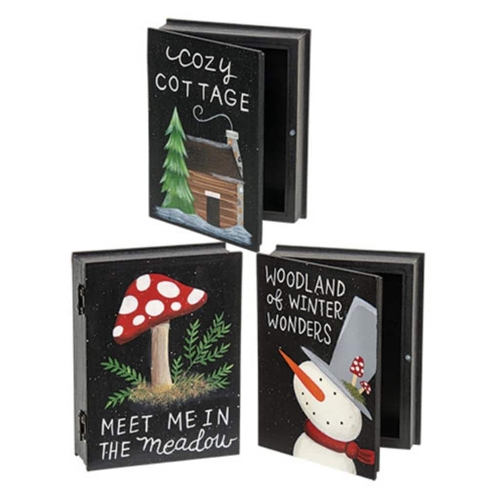 Black Wooden Winter Woodland Book Boxes with Hinged Storage 5x4 in, 3 Asstd. - 4 x 1.25 x 5 in.