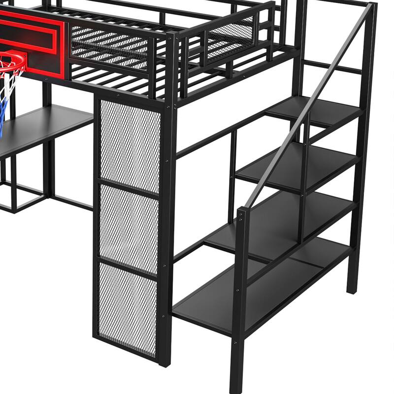 Full Size Metal Loft Bed with Desk, Wardrobe, Slide & Basketball Hoop