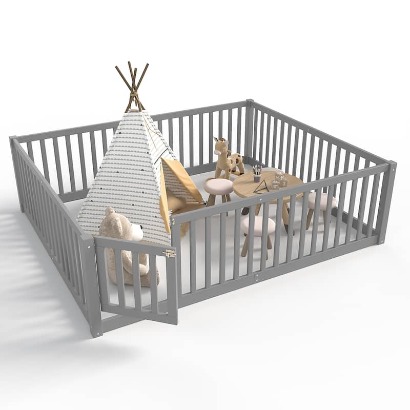 Montessori Floor Bed with Safety Guardrails & Door, Kids Low Profile Frame, Available in Queen/Full/Twin