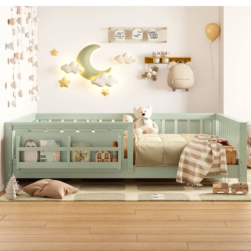 Full bed with built-in bookshelf and high-quality safety guardrail