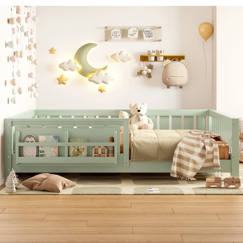 Low Profile Montessori Bed Floor Platform Bed with Fence and Bookshelf
