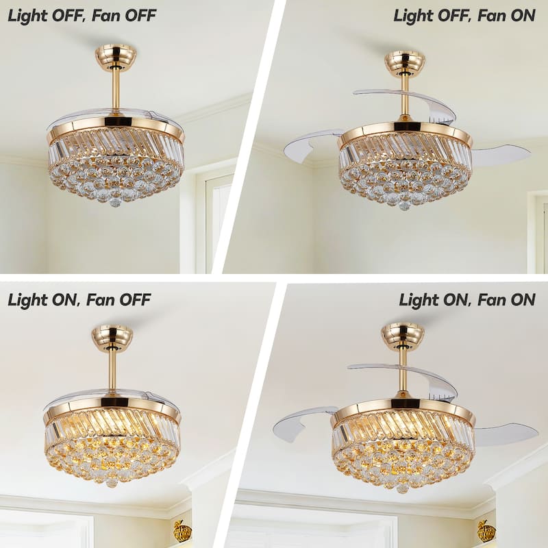 48" Crystal Fandelier Ceiling Fan with Light and Retractable Blades LED Dimmable for Bedroom Living Room - 48 Inches