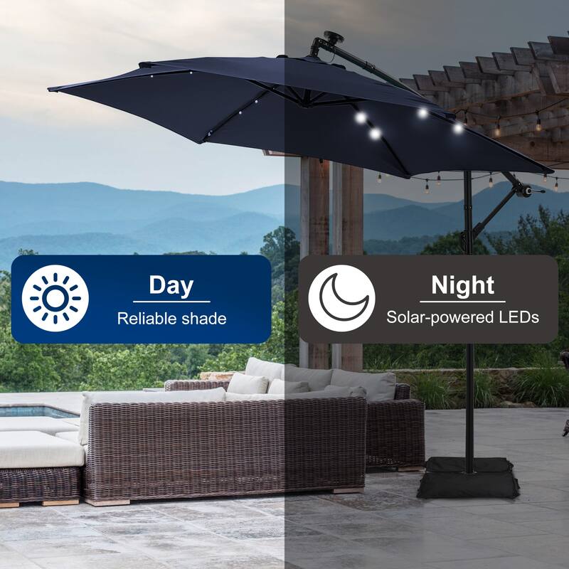 Ainfox 10 ft. Patio Offset Solar LED Umbrellas Cantilever Outside Umbrellas with Base