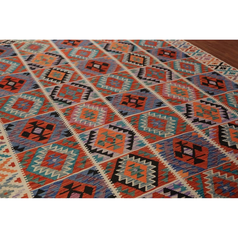 Geometric Kilim Oriental Area Rug Hand-Woven Multi-Color Wool Carpet - 8'4"x 11'6"