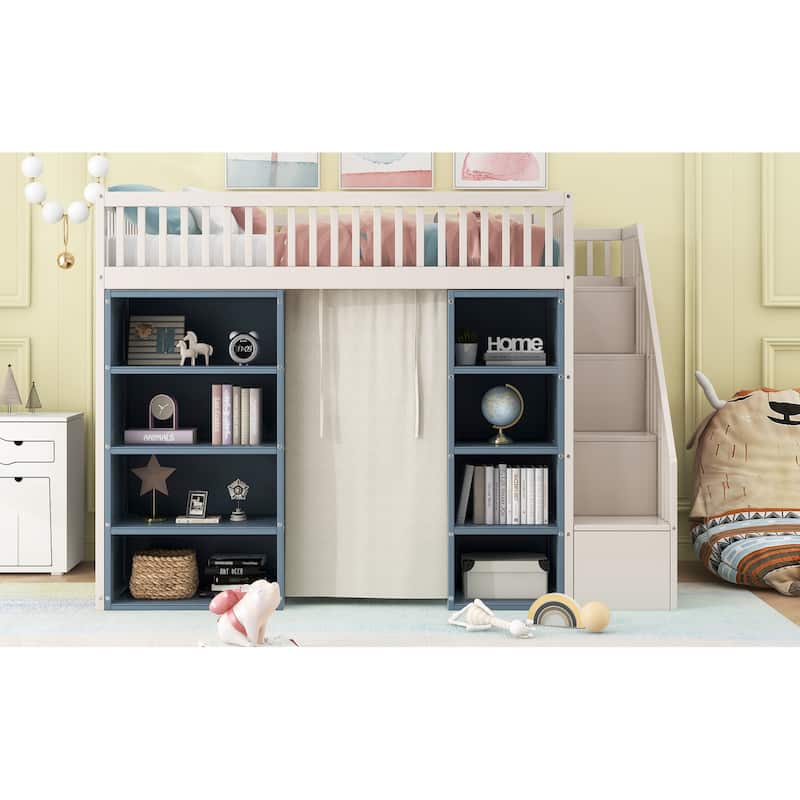 Full Size Loft Bed With 2 Four-Layer Storage Cabinets And Curtain,White+Blue