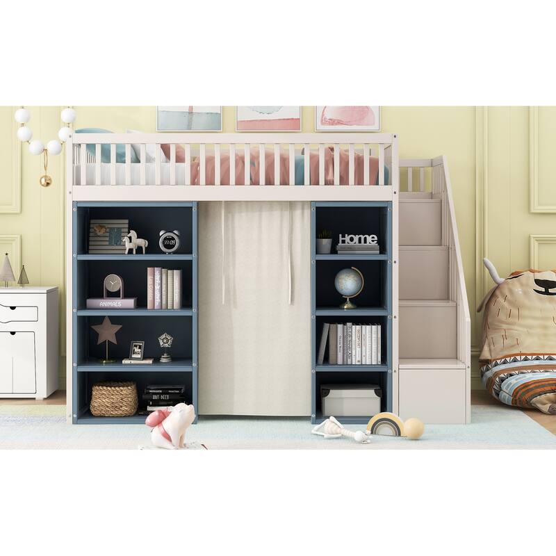 Full Size Loft Bed with Storage Cabinets, Workstation, and Blackout Curtain in White+Blue