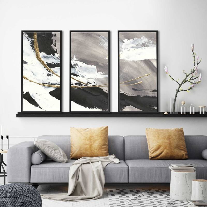 "Gilded Arcs I" Print in Floating Canvas, Set of 3 - Black