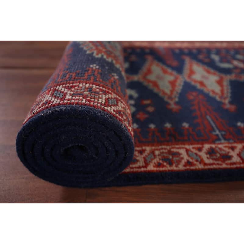 Blue Geometric Viss Oriental Runner Rug Handmade Wool Carpet - 2'7"x 11'10"