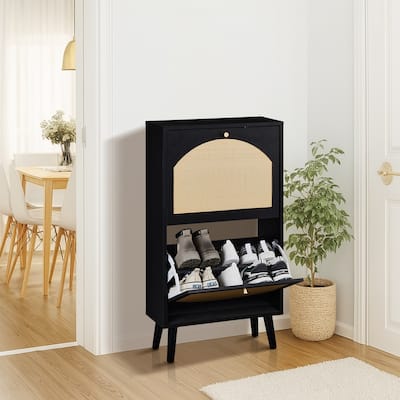 Black Flip Down Shoe Cabinet with Rattan Style Fronts Elevated Legs and Space Saving Storage for Home Entryway