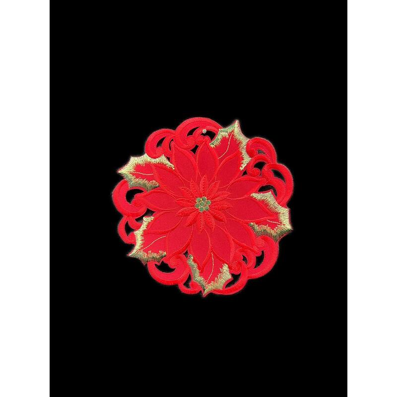 Poinsettia and Green Leaf Embroidered Cutwork Round Placemat, 8-Inch diameter