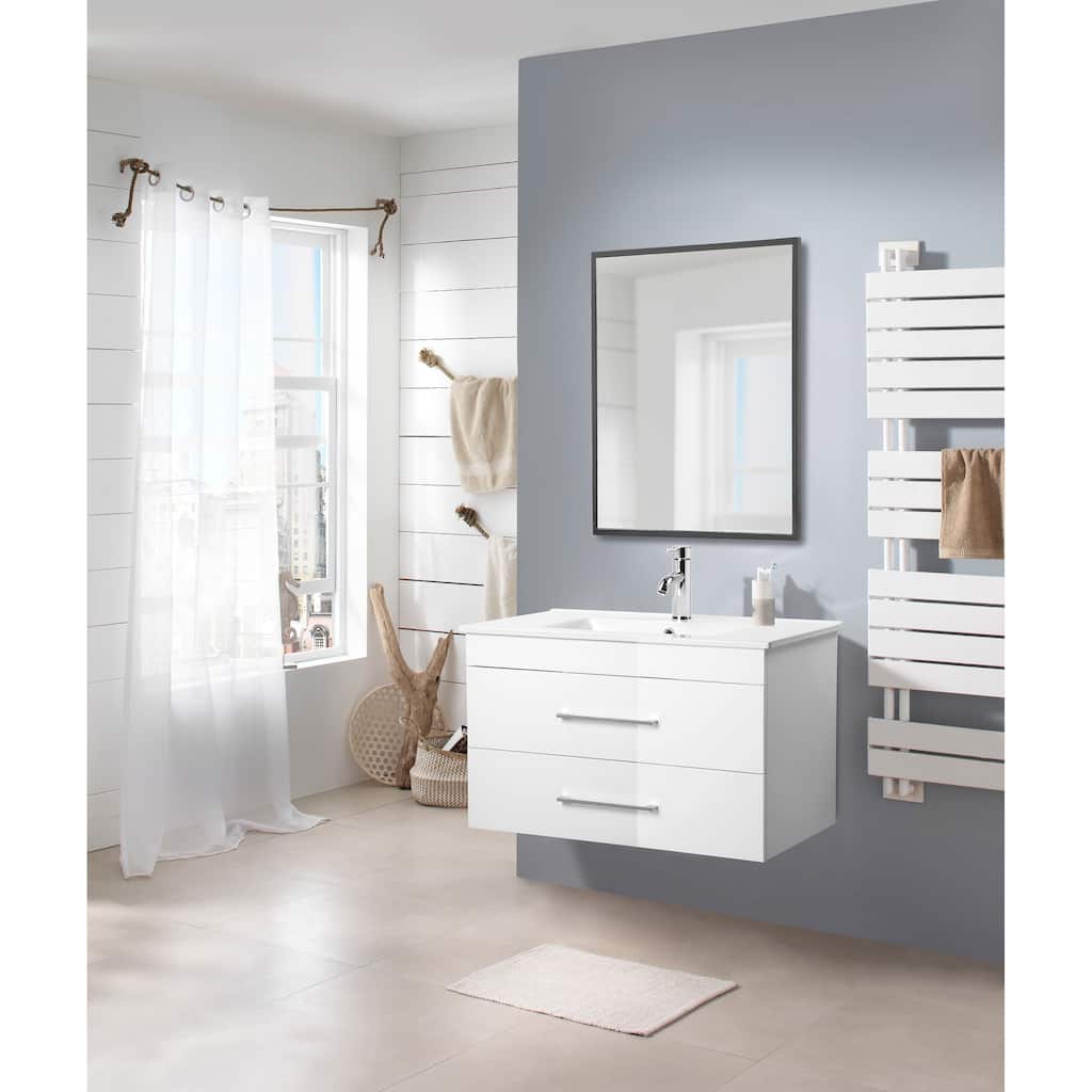 32-Inch White Gloss Wall-Mounted Bathroom Vanity with Double Drawers,Soft-Close System,Ceramic Sink,and Aluminium frame