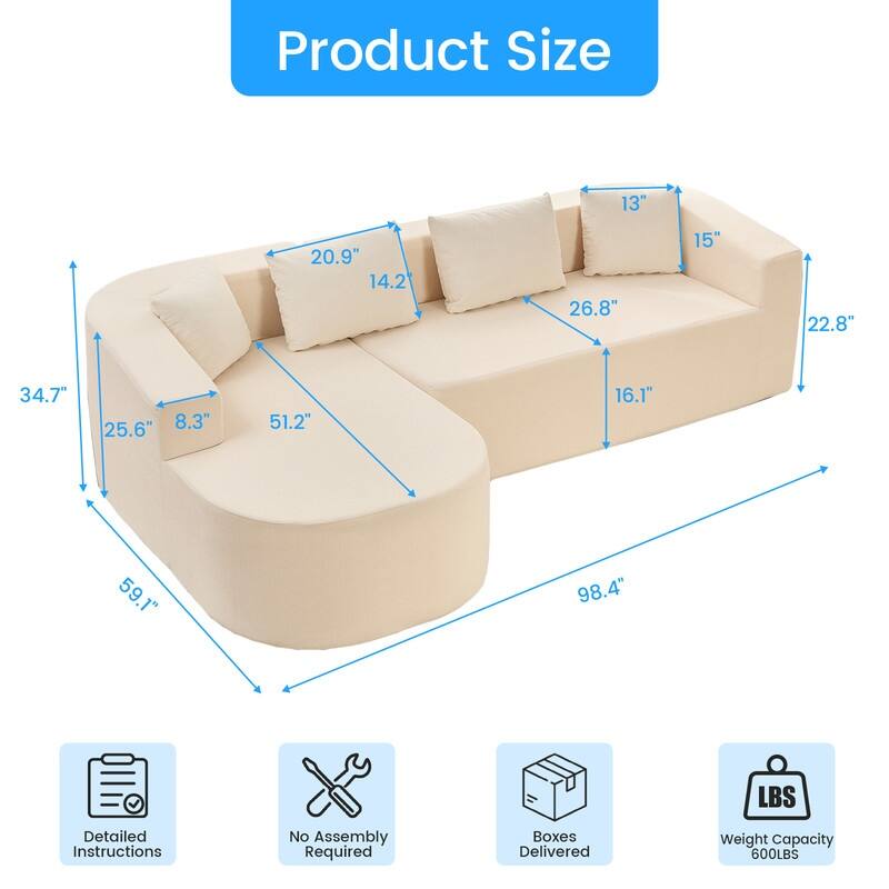 Mixoy 98 inch Chenille L Shape Sectional Sofa with Curved Chaise,Modern Cloud 3 Seater Sofa Couch
