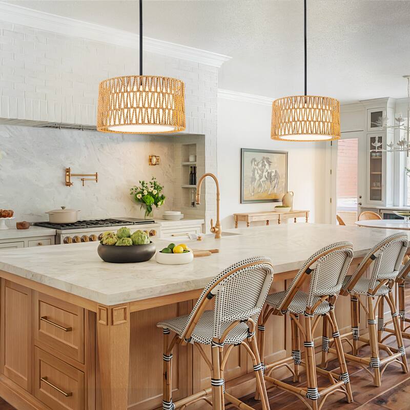 Farmhouse 1-Light Drum Pendant Light with Woven Shades - Black