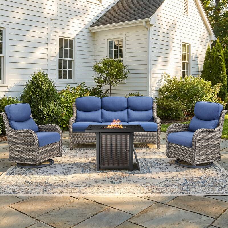 Pocassy 30 In Outdoor Fire Pits with Patio Sofa Swivel Glider Chari Furniture. - Gray Wicker Blue Cushion - 4-Piece Sofa Swivel Chair w/ Fie Pit Table