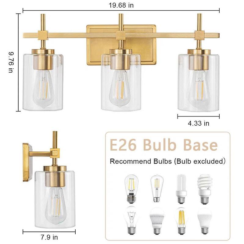 Jasper Gold Traditional Clear Glass 3-Light Bathroom Vanity Light