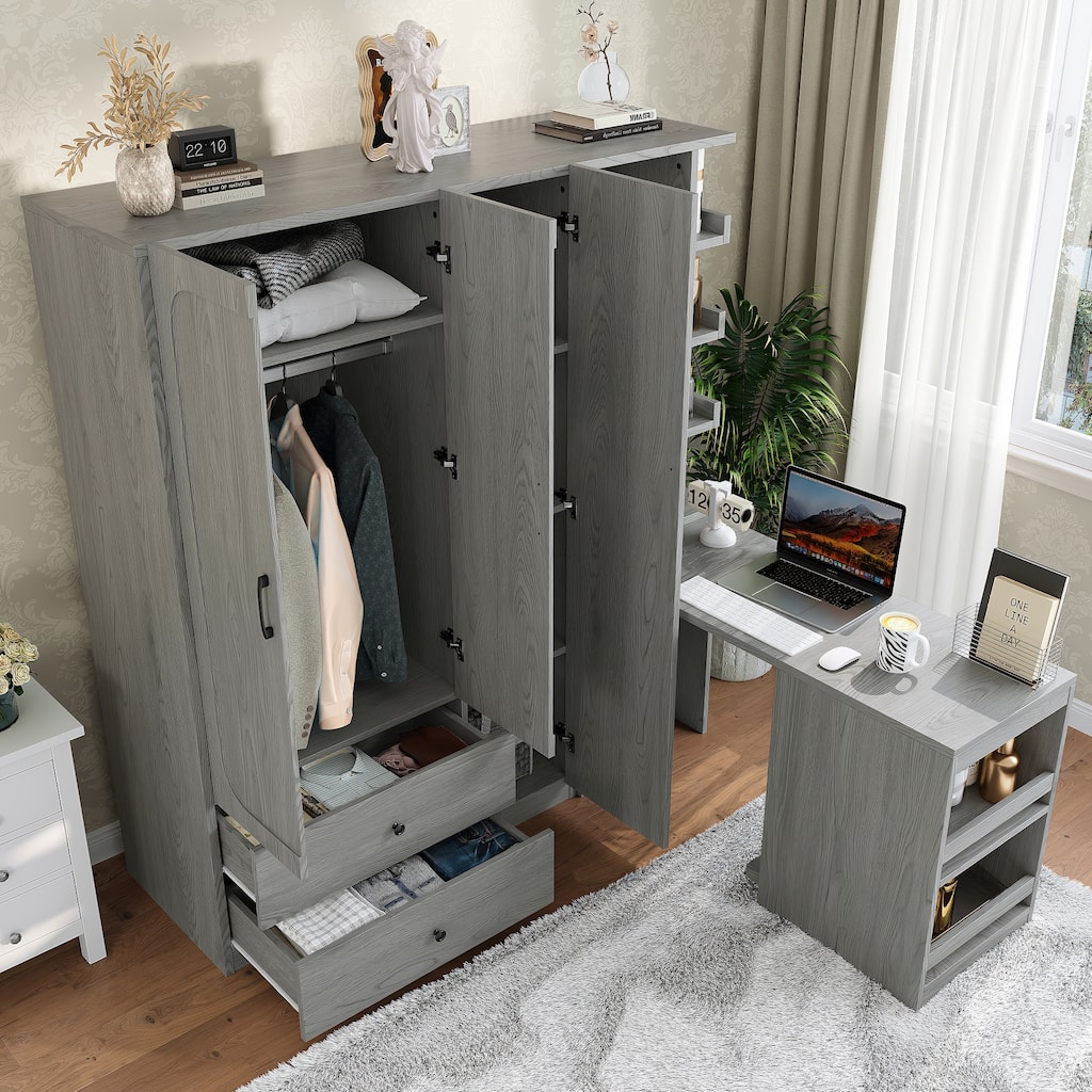 2-Door Wardrobe with Convertible Desk, Multiple Drawers & Hanging Storage