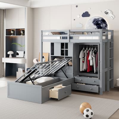 Roomfitters Twin Bunk Bed with Hydraulic Lift, Wardrobe, Storage Shelves and Drawers,