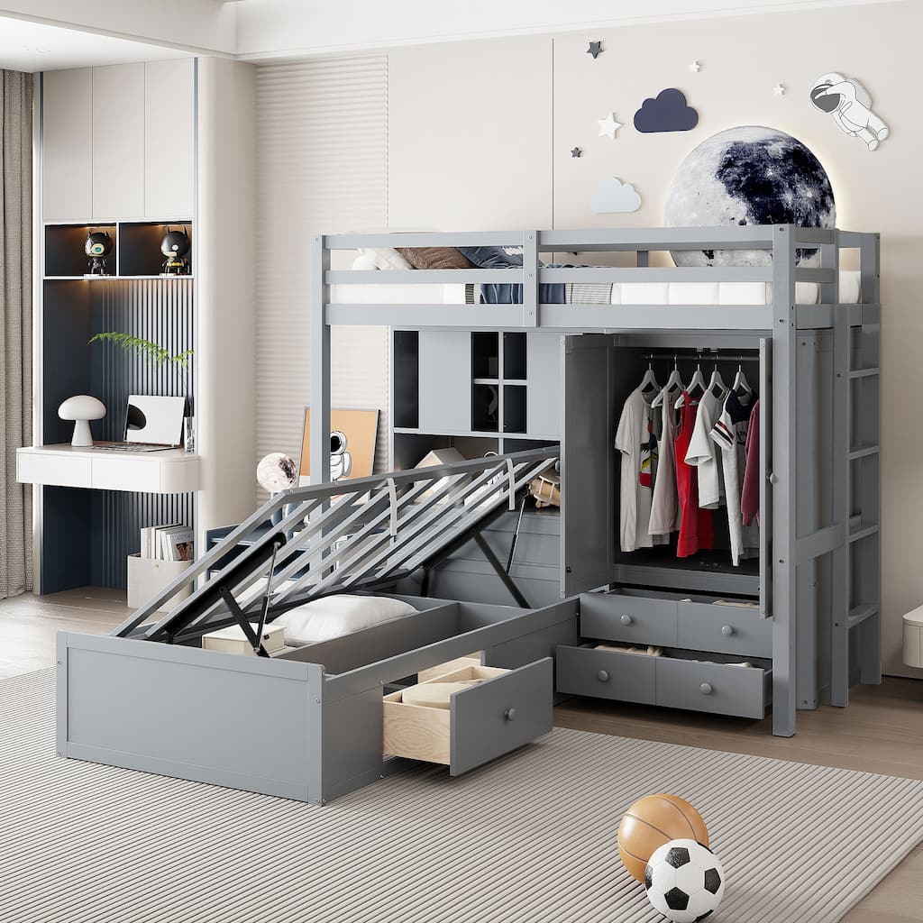 Twin Bunk Bed with Drawers, Wardrobe, Storage Shelves, and Hydraulic Lift, Gray