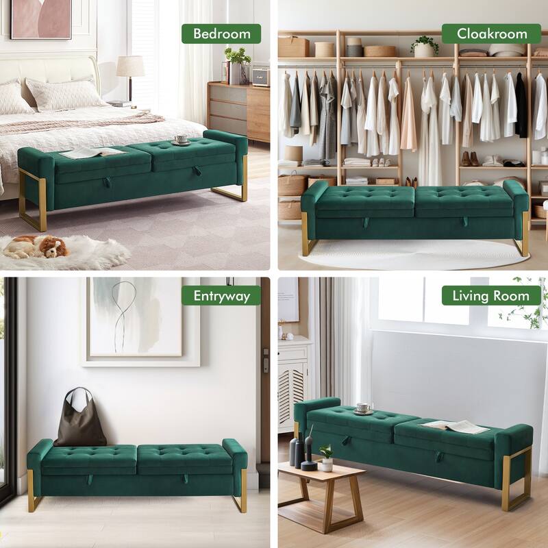 66" Storage Bench for Bedroom End of Bed with Double Lids and Gold Legs