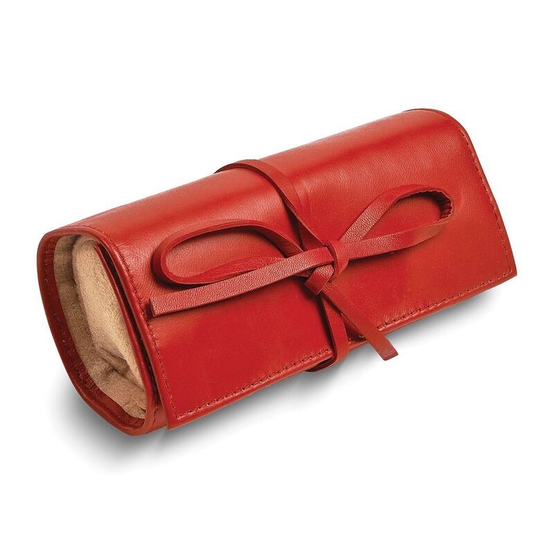 Curata Red Leather Tie Jewelry Roll with Removable Zippered Pouch