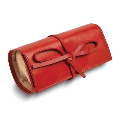 Curata Red Leather Tie Jewelry Roll with Removable Zippered Pouch