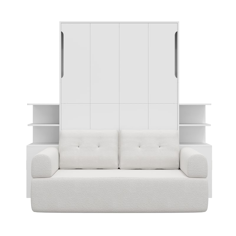 Queen Size Wall Murphy Bed with Sofa, Open Shelves and Side Cabinets