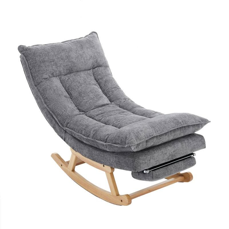 Fabric Upholstered Rocking Chair with Solid Wood Base and Hidden Footrest – Ergonomic Dual-Cushion Design
