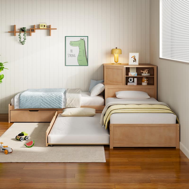 L-Shaped Triple Twin Bed with Built-In Desk, Drawers and Storage Space by Harper&Bright Designs