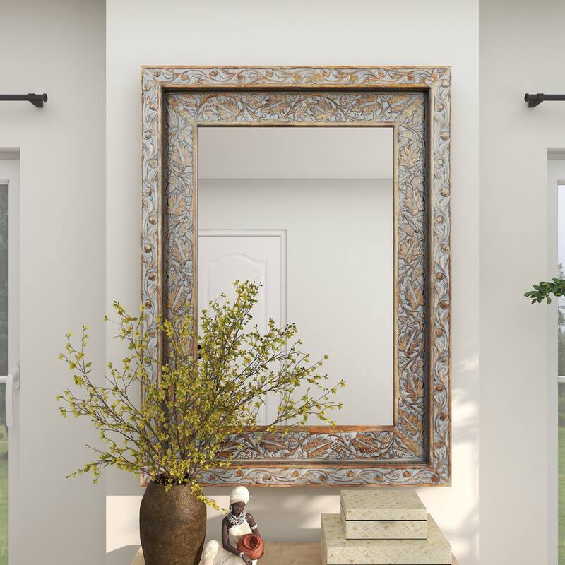 Gray Wood Handmade Intricately Carved Floral Room Wall Mirror