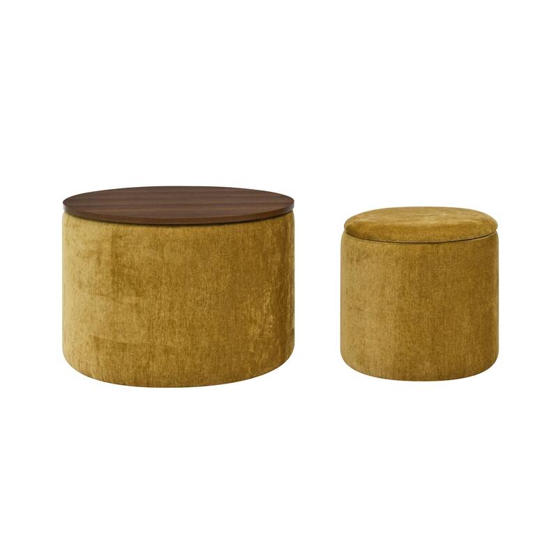 Roomfitters 2-Piece Round Chenille Storage Ottoman Set with Drum-Shaped Stool and MDF Top, Hidden Compartment