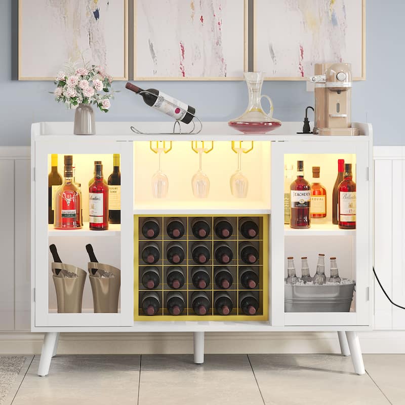 Moasis 20-Bottle Glass Door Wine Rack Table with Power Outlets and Wine Glass Holder - White