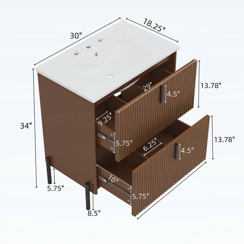 30-Inch Freestanding Bathroom Vanity with Ceramic Sink,Soft Close Drawers,and Fluted Design in Dark Brown