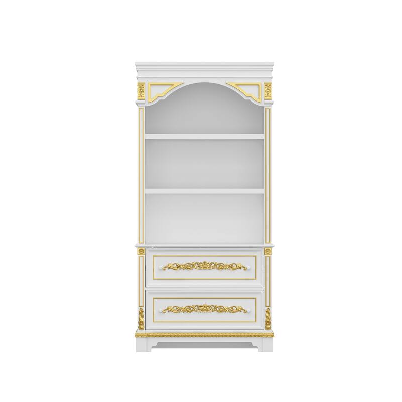 Display Cabinet with Drawers Tall Wine Bar Bookcase with LED Light Glass Shelves, Carved Solid Wood Front, 76.6"