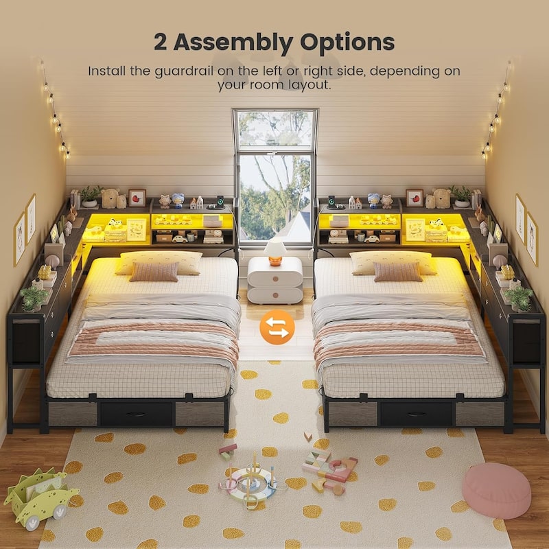 Corner Bed Frame Charging Station Twin Daybed 8 Storage Drawers Bookcase