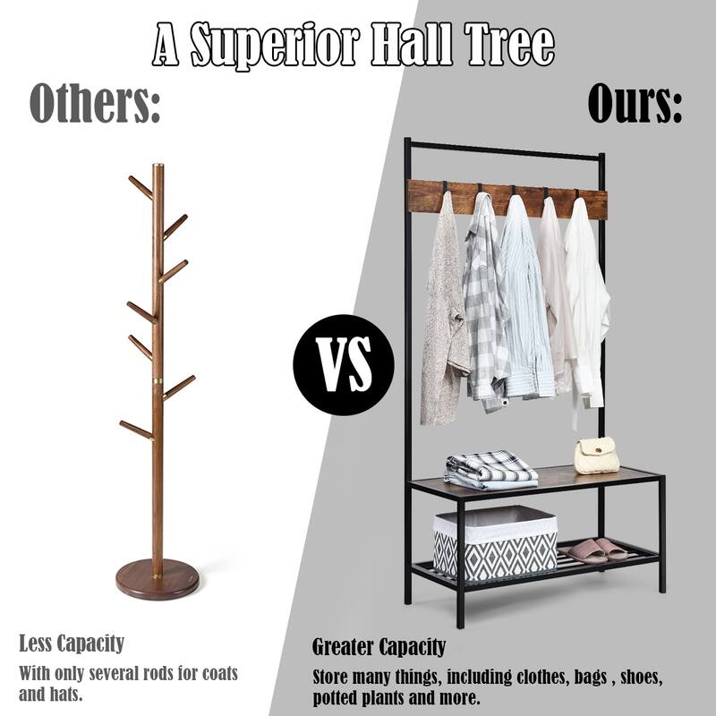COSTWAY 3 in 1 Industrial Coat Rack Shoe Bench Entryway Hall Tree - 35.5'' x 16'' x 67'' (LxWxH)